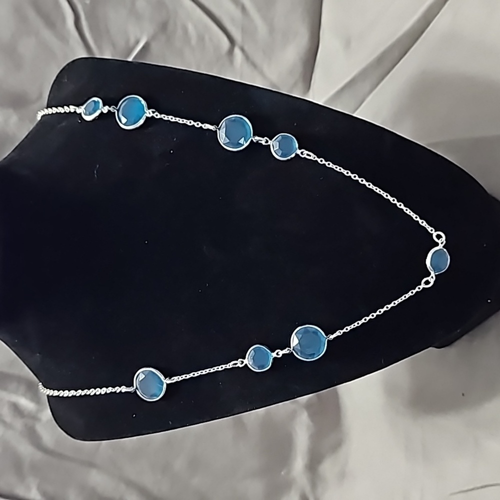 Silver Necklace with Ocean Blue Stones 24" w/3“ extender